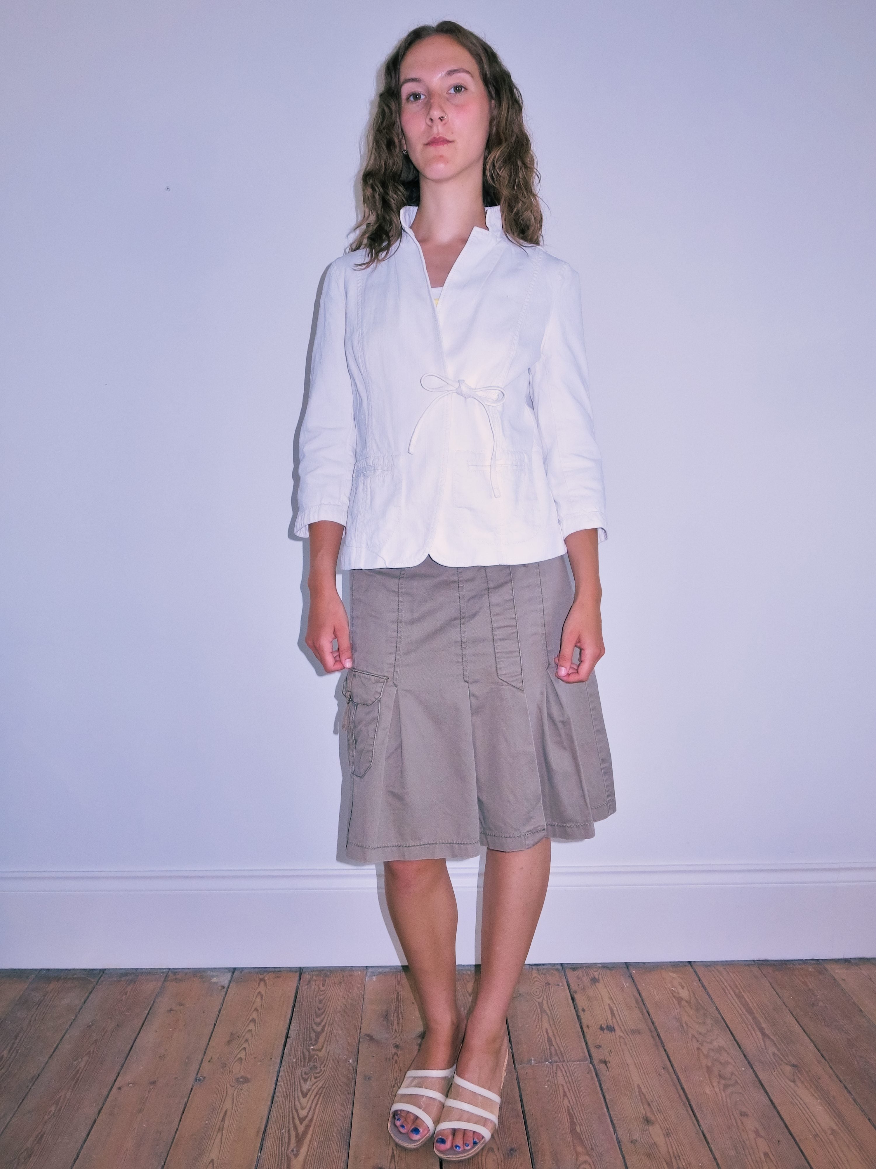 Side Tie White Denim Pannelled Jacket