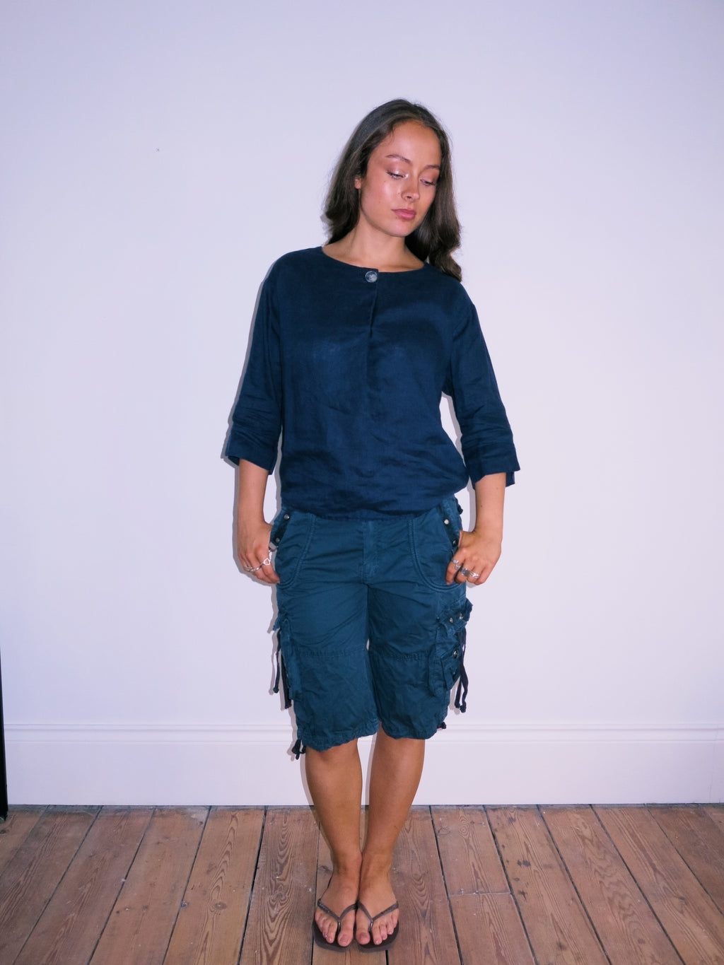 3/4 Sleeve Button Up Linen Top