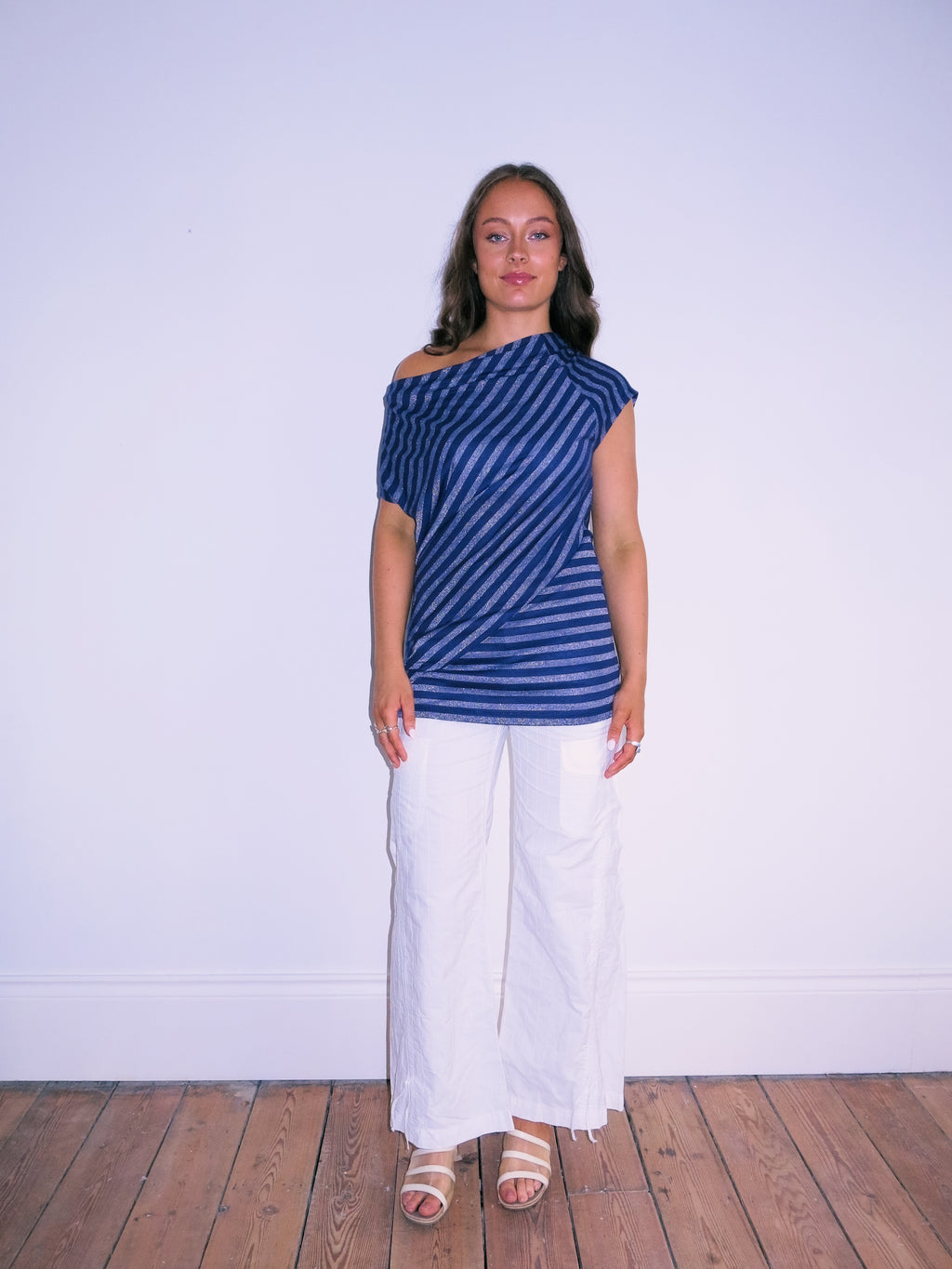 Asymmetric Off The Shoulder Striped Top