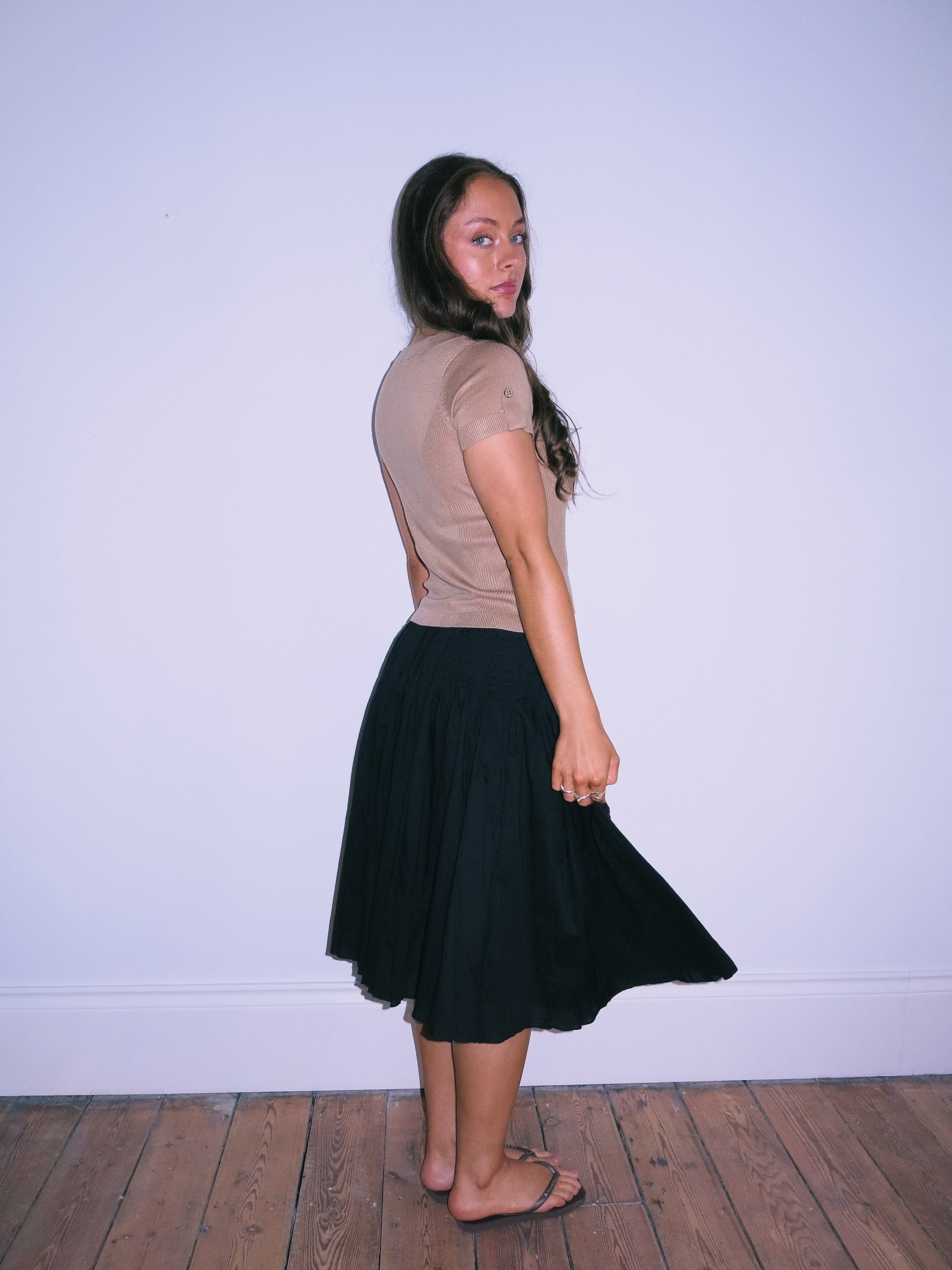 Dropped Waist Black Midi Skirt